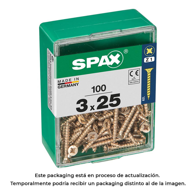 Caja 100 Unid, Tornillo Madera Spax Cabeza Plana Yellox 3,0X25Mm Spax