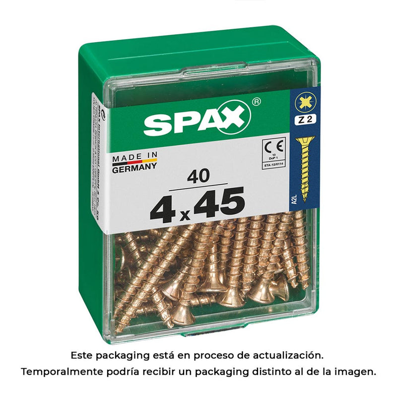 Box of 40 units, flat head wood screw Yellox 4.0x45mm Spax