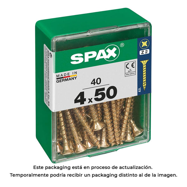 Box of 40 units, flat head wood screw Yellox 4.0x50mm Spax