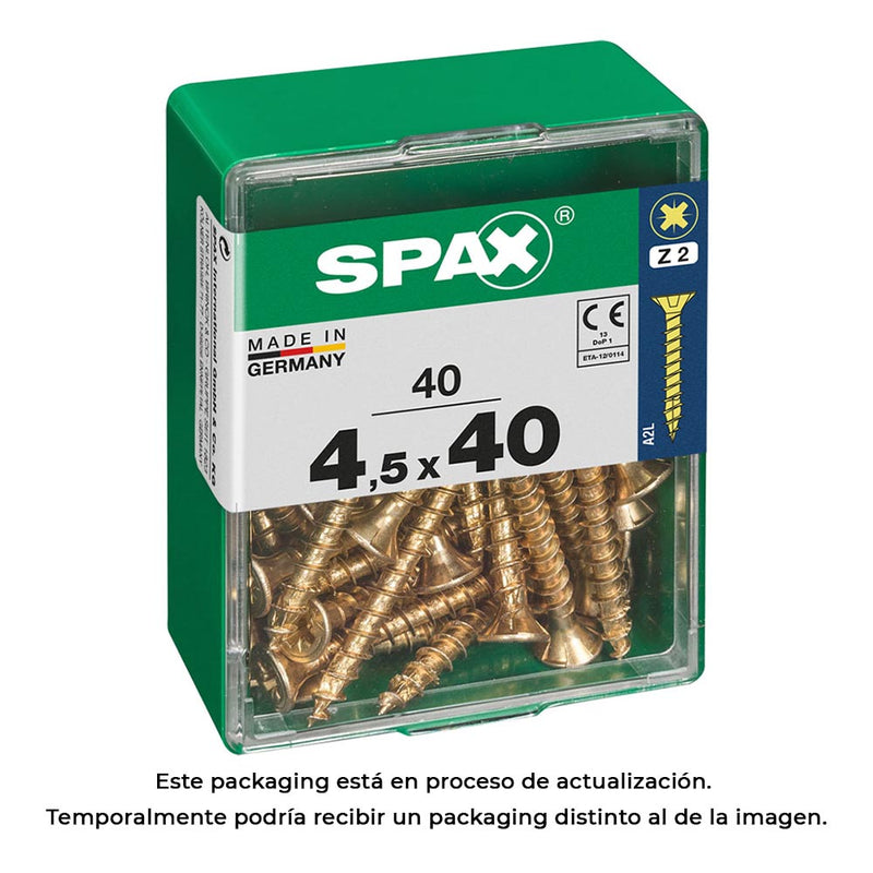 Box of 40 units, flat head wood screw Yellox 4.5x40mm Spax