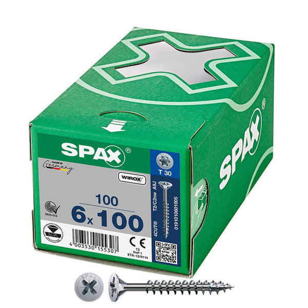 Box of 100 units. Wirox 6x100mm T30 flat head universal screw