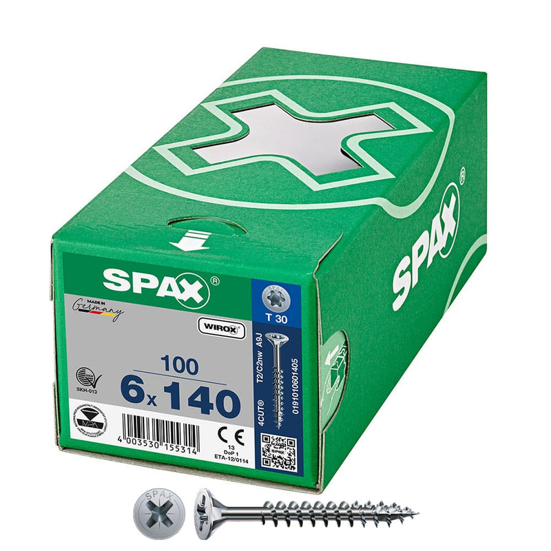 Box of 100 units. Wirox 6x140mm T30 flat head universal screw