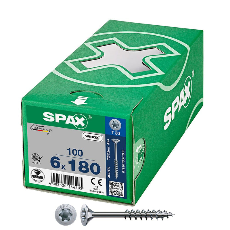 Box of 100 units. Wirox 6x180mm T30 flat head universal screw