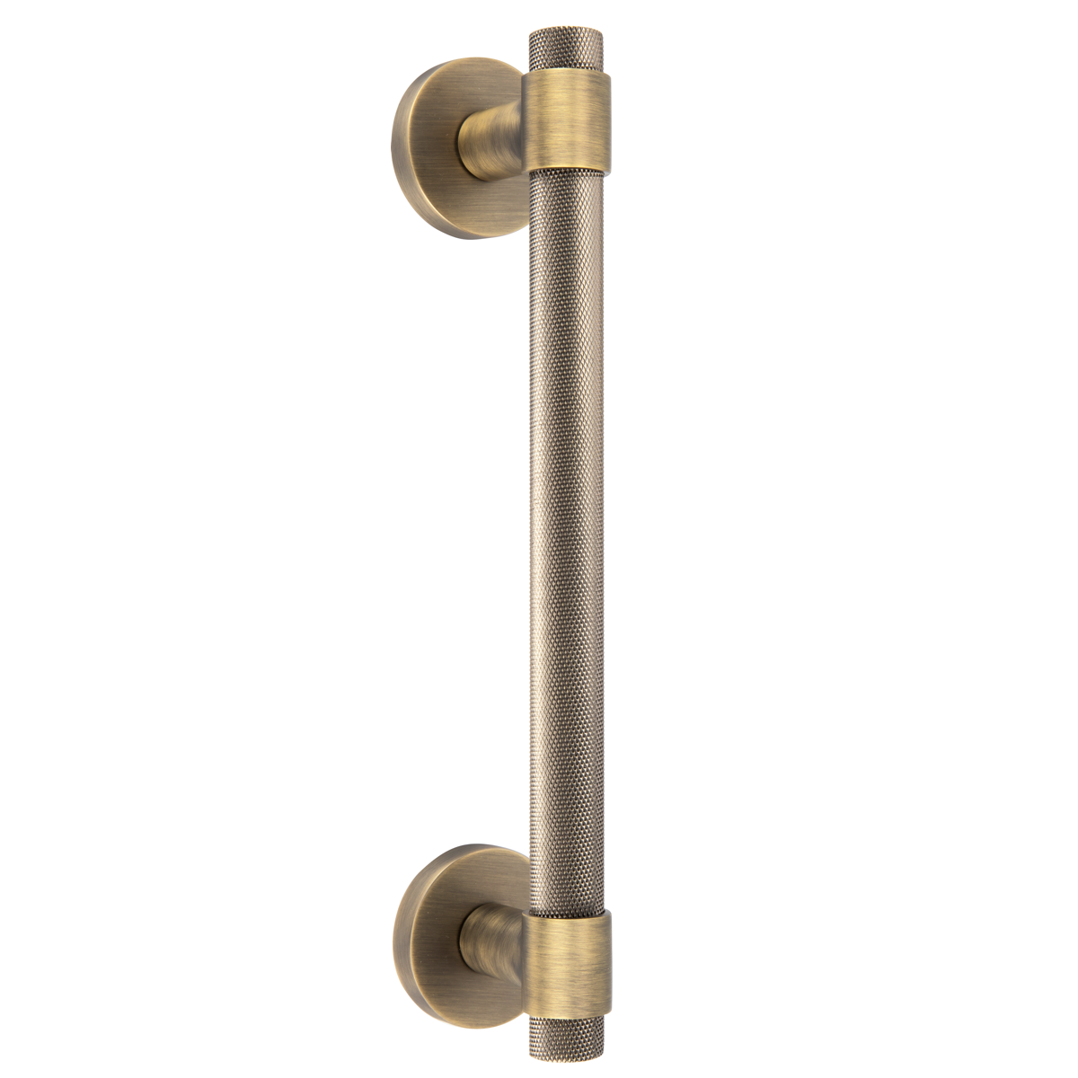 Manillón moleteado de zamak con roseta redonda Ø52 mm acabado cuero para puertas