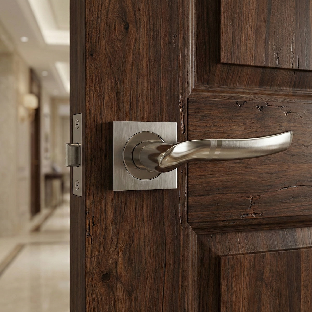 Manilla '230' de ZAMAK con Roseta Cuadrada en acabado níquel combinado para puertas