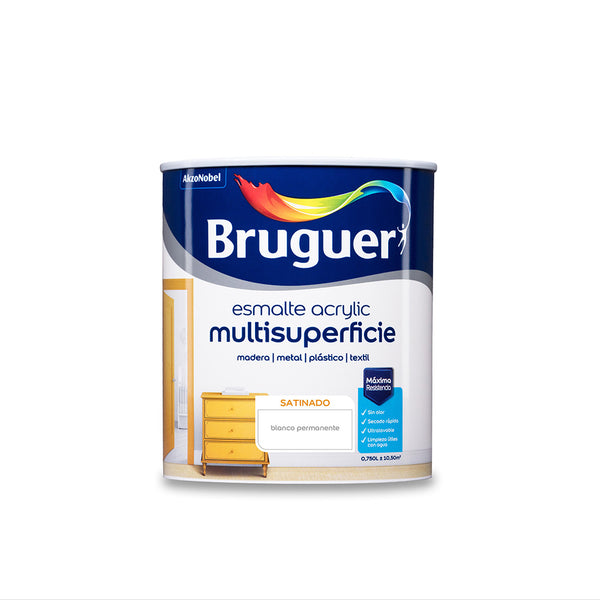 Permanent White Satin Multi-Surface Acrylic Enamel 0.750L 5057417 Bruguer