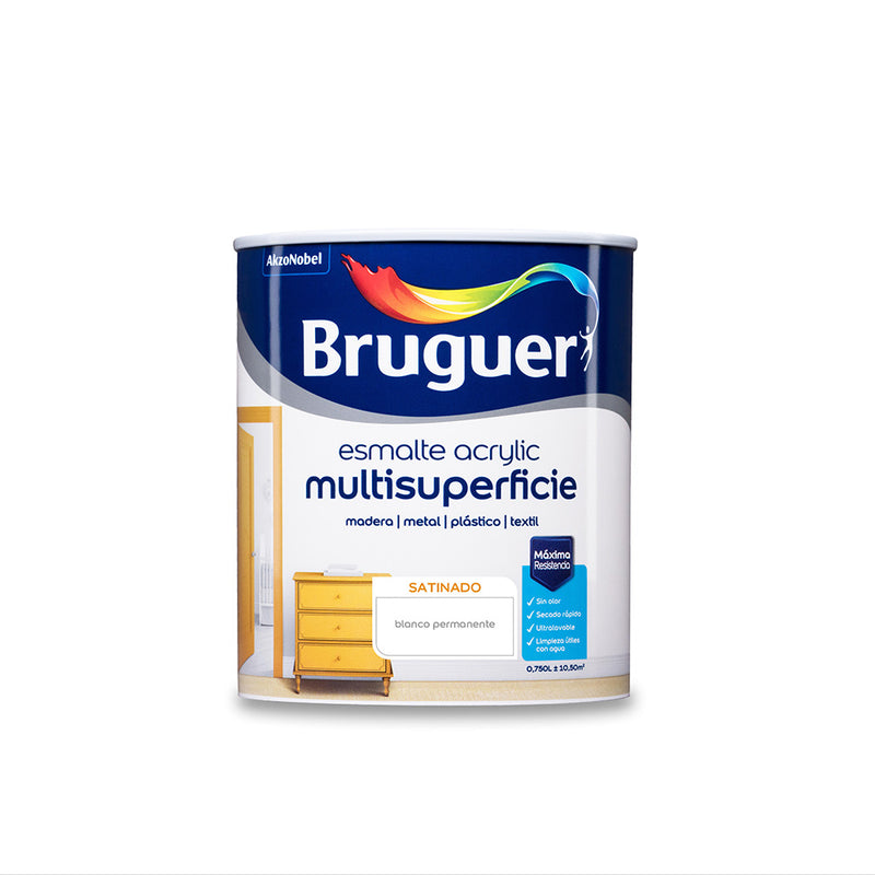 Permanent White Satin Multi-Surface Acrylic Enamel 0.750L 5057417 Bruguer