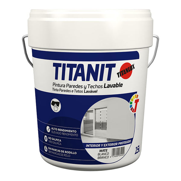 Titanit Matte White Washable Paint for Walls and Ceilings Indoor and Protected Outdoors 15L Titanlux 029190015