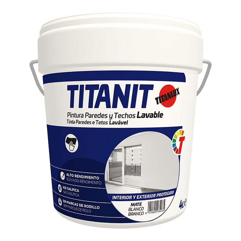 Titanit Matte White Washable Paint for Walls and Ceilings Indoor and Protected Outdoors 4L Titanlux 029190004