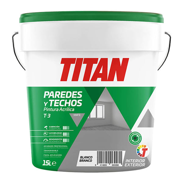 Pintura Acrílica Para Decoración De Paredes Y Techos T-3 Blanco, Mate 15L Titan 123000315