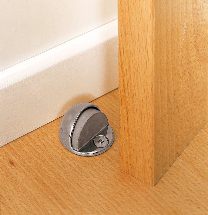 6 half-moon metal door stops with a shiny chrome finish for screwing