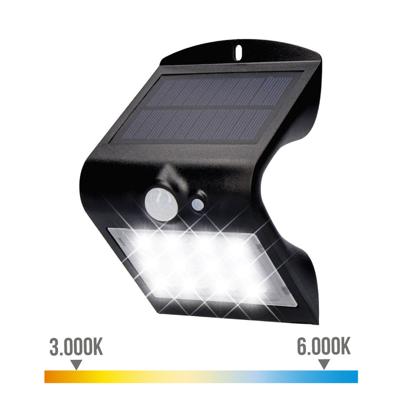 Aplique Solar 1,5W 220Lm Recargable, Sensor De Presencia (2-6M) Color Negro 9,6X7,3X14Cm Edm