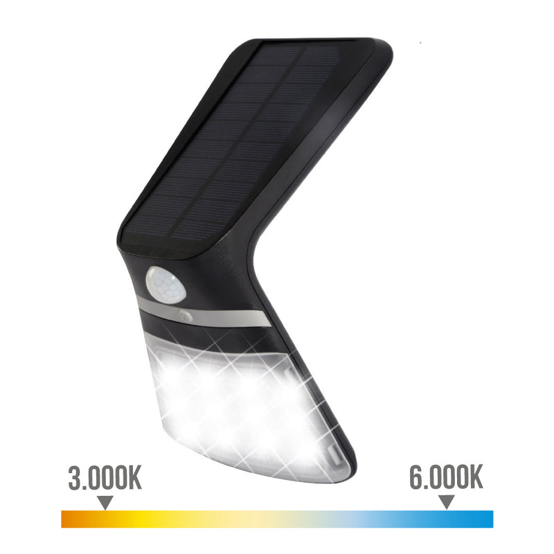 Aplique Solar 3,5W 430Lm Recargable Sensor Presencia (2-8M) Color Negro 10,5X13Cm Edm