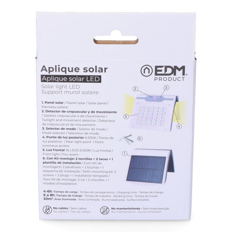 13Aplique Solar 2W 220Lm 6,500K Con Sensor Color Blanco Edm