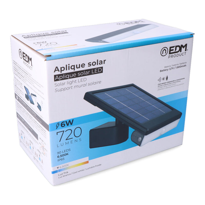 Aplique Solar Led 6W 720Lm 6,500K Con Sensor Crepuscular Y Movimiento, Punto De Luz Extraíble, Color Negro Edm