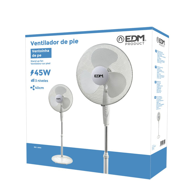 Ventilador De Pie Con Base Circular, Color Blanco, Potencia: 45W Aspas: Ø40Cm Altura Regulable 110-130Cm Edm