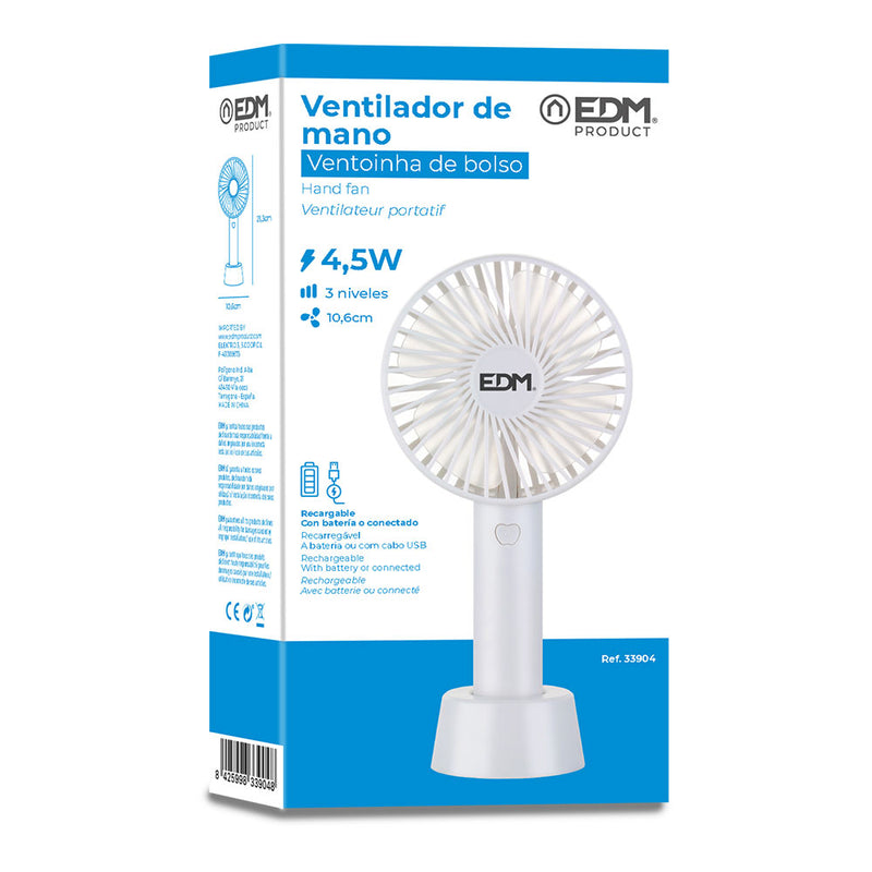 Ventilador De Mano, Recargable, 4,5W Aspas 10,6X6,5X22Cm Edm