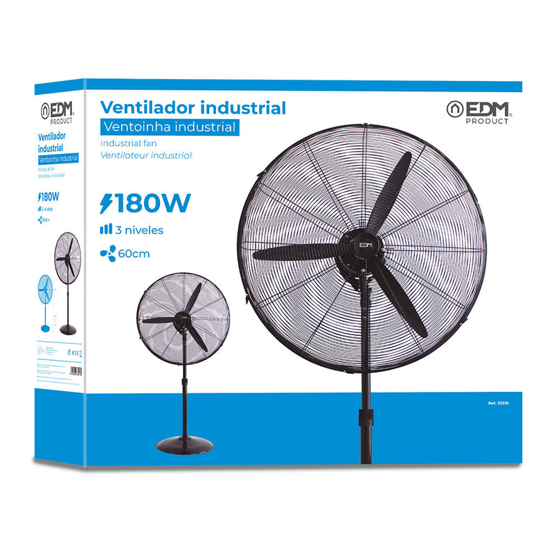 Ventilador De Pie Industrial, Oscilante, Con Base Circular, Color Negro, Potencia: 180W Aspas: Ø60Cm, Altura Regulable 117-156Cm Edm