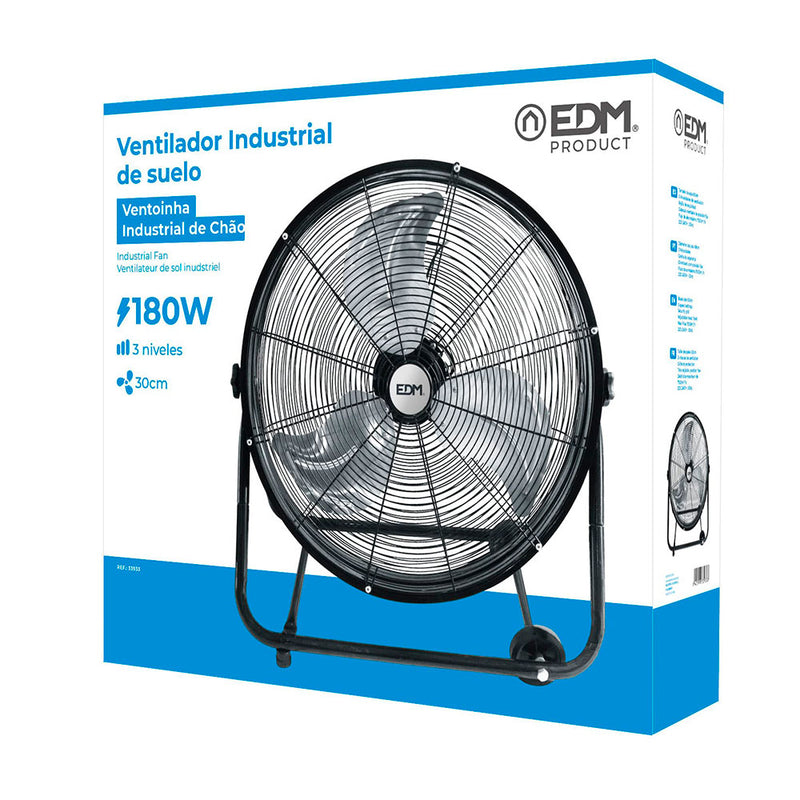 Ventilador Industrial De Suelo, Con Ruedas, Color Negro, Potencia: 180W Aspas: Ø60X70Cm Edm