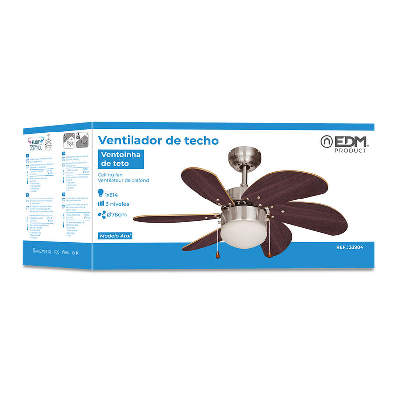 Aral Model Ceiling Fan, Wengue/Satin Nickel Color, Power: 50W Blades: Ø76Cm Edm