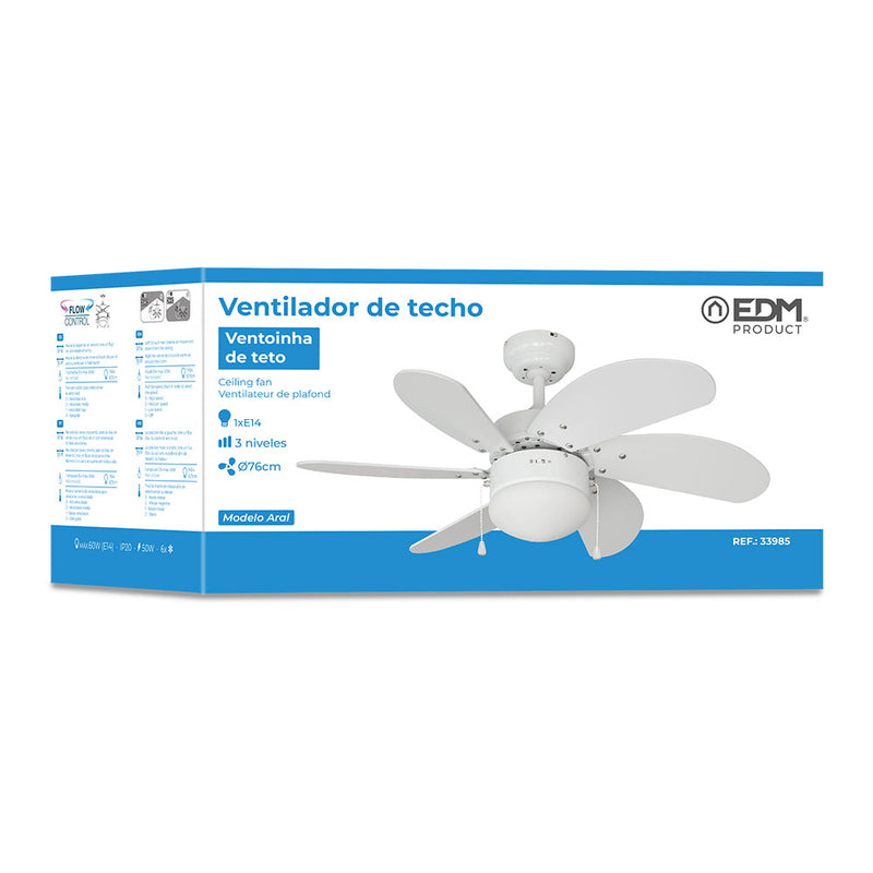 Ventilador De Techo Modelo Aral, Color Blanco, Potencia: 50W Aspas: Ø76Cm Edm