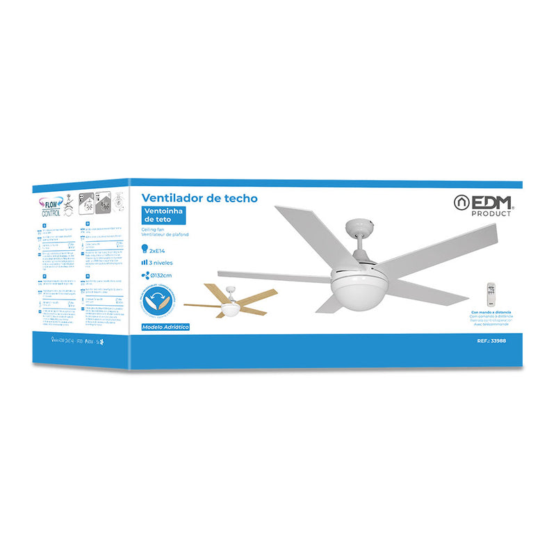 Ventilador De Techo Modelo Adriatico, Color Blanco, Potencia: 60W Aspas: Ø132Cm Con Mando A Distancia Edm