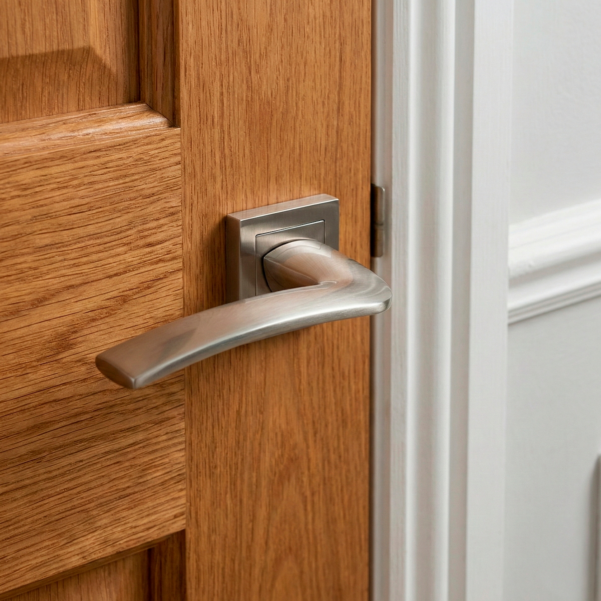Manilla modelo '340' de zamak con roseta cuadrada en acabado níquel satinado para puertas
