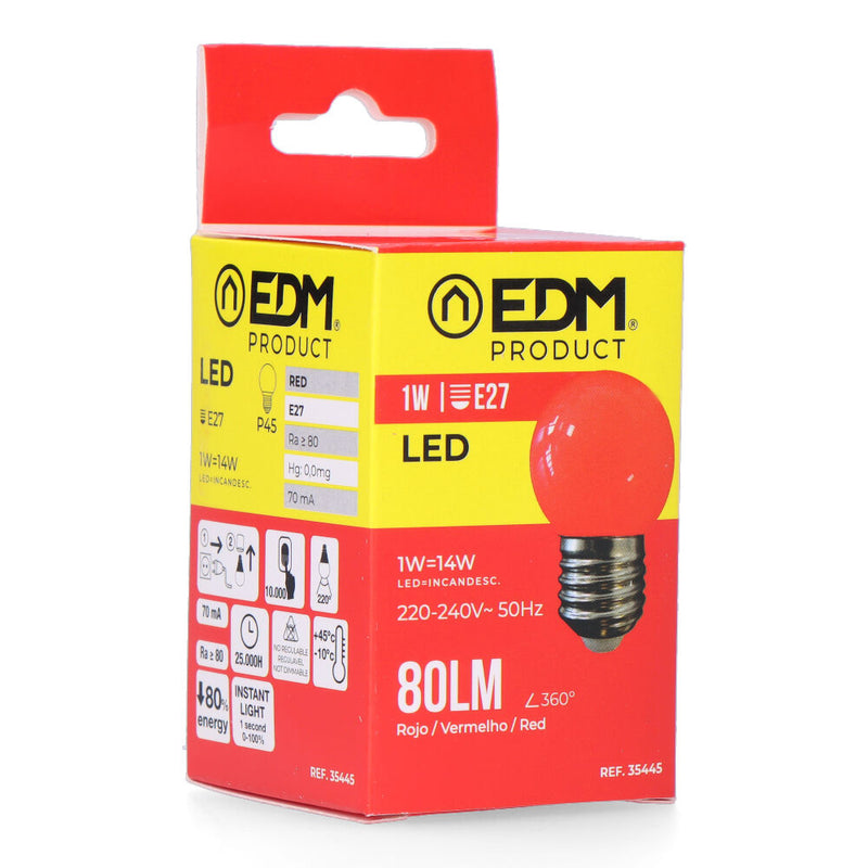 Led Spherical Bulb E27 1W 80Lm Red Light Ø4.3X7Cm Edm