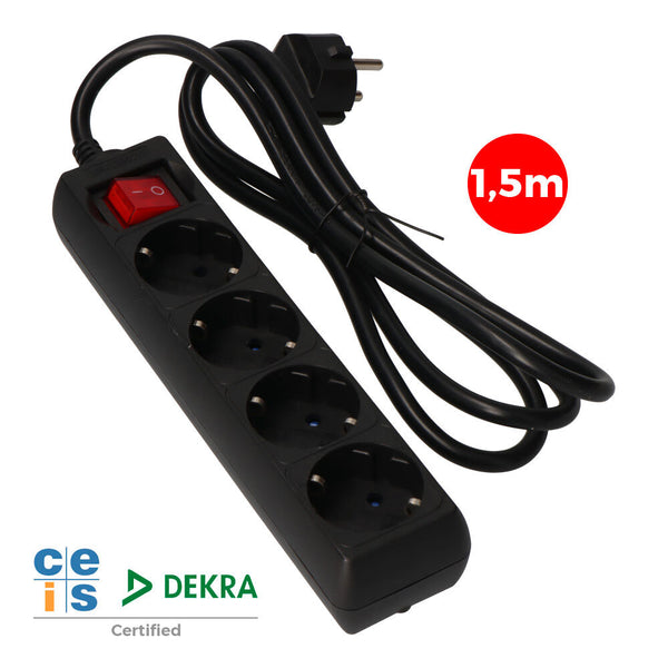 Multiple Base 4 Sockets T/Tl 10/16A Schuko + Switch 1.5M 3X1.5Mm Color Black Edm