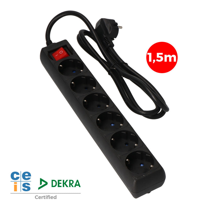 Multiple Base 6 Sockets T/Tl 10/16A Schuko + Switch 1.5M 3X1.5Mm Color Black Edm