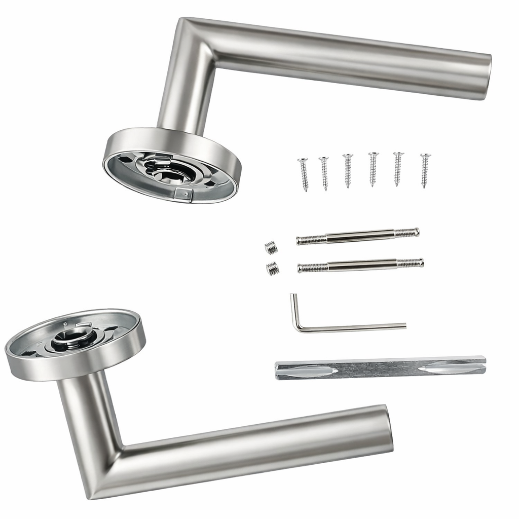Manilla tubular Morrigan de acero inoxidable para puertas con Roseta Redonda