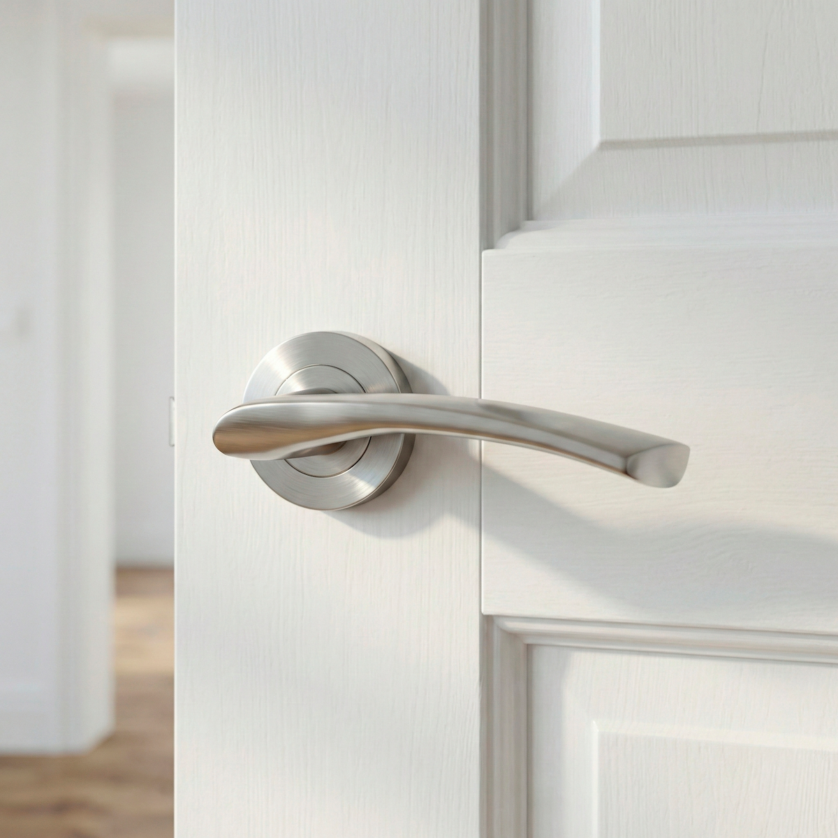 Manilla Hermes de aluminio con Roseta Redonda acabado níquel satinado para puertas