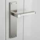 Manilla modelo 610 con placa rectangular de zamak acabado níquel satinado para puertas