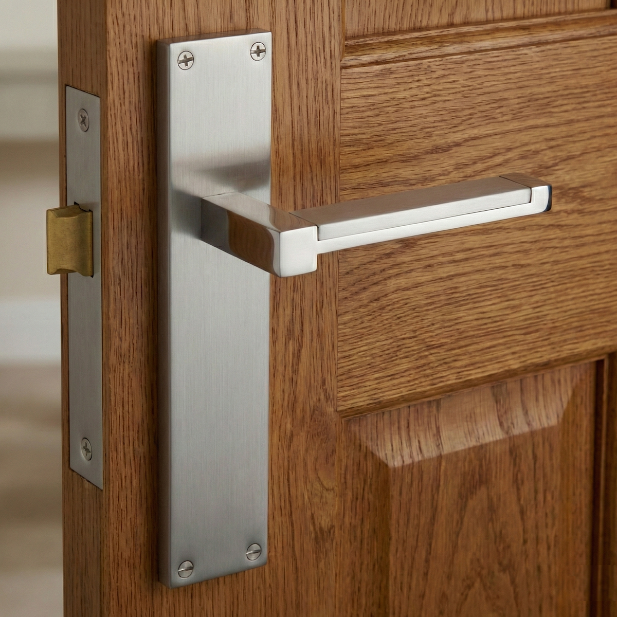 Manilla modelo 610 con placa rectangular de zamak acabado níquel satinado para puertas