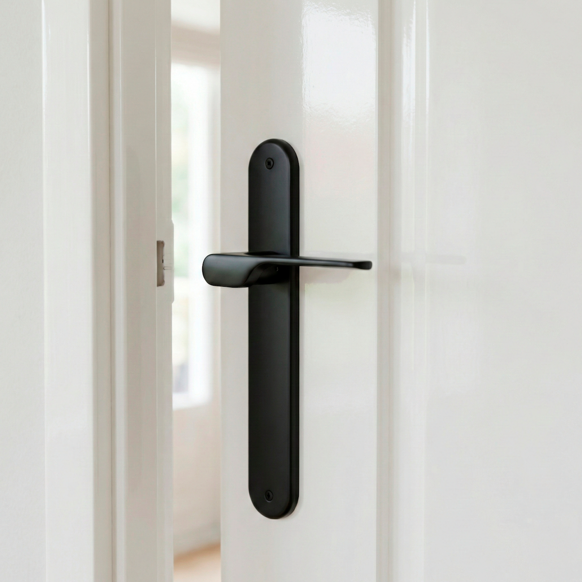 Manilla modelo '640' con placa oval para puertas de zamak en acabado negro con asa moderna