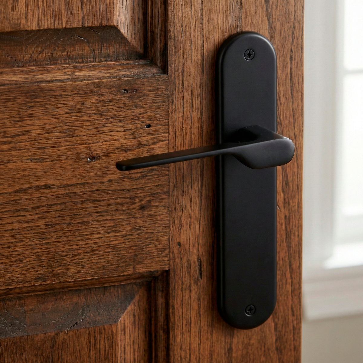 Manilla modelo '640' con placa oval para puertas de zamak en acabado negro con asa moderna