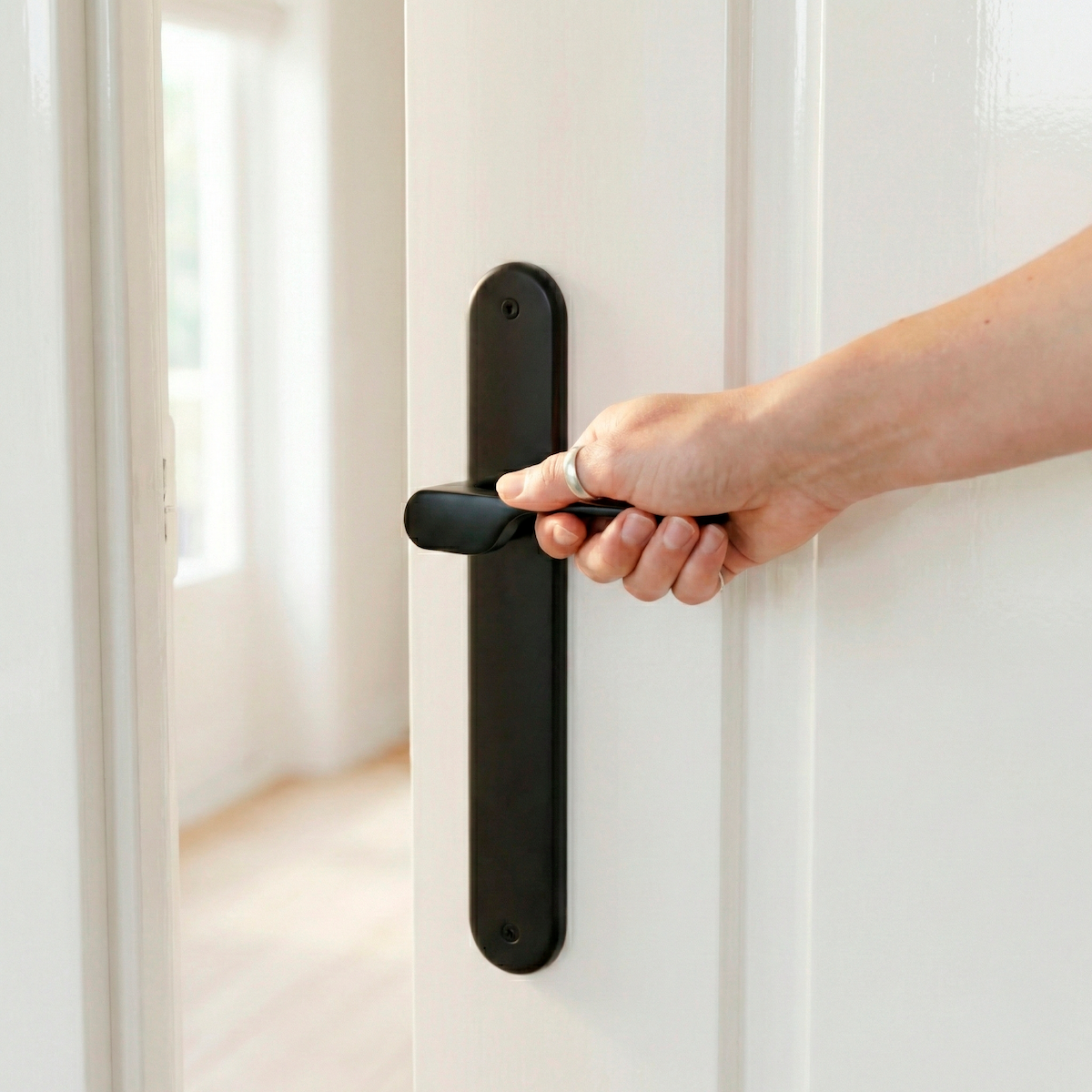 Manilla modelo '640' con placa oval para puertas de zamak en acabado negro con asa moderna