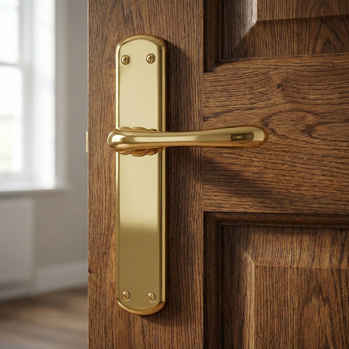 Manilla modelo '6501' de zamak acabado dorado brillo con placa ovalada para puertas
