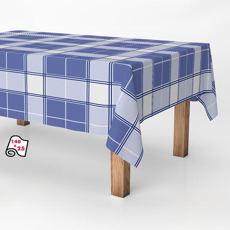 Exma Classic Blue Checkered Stain-Resistant Tablecloth Roll 140Cm x 25M