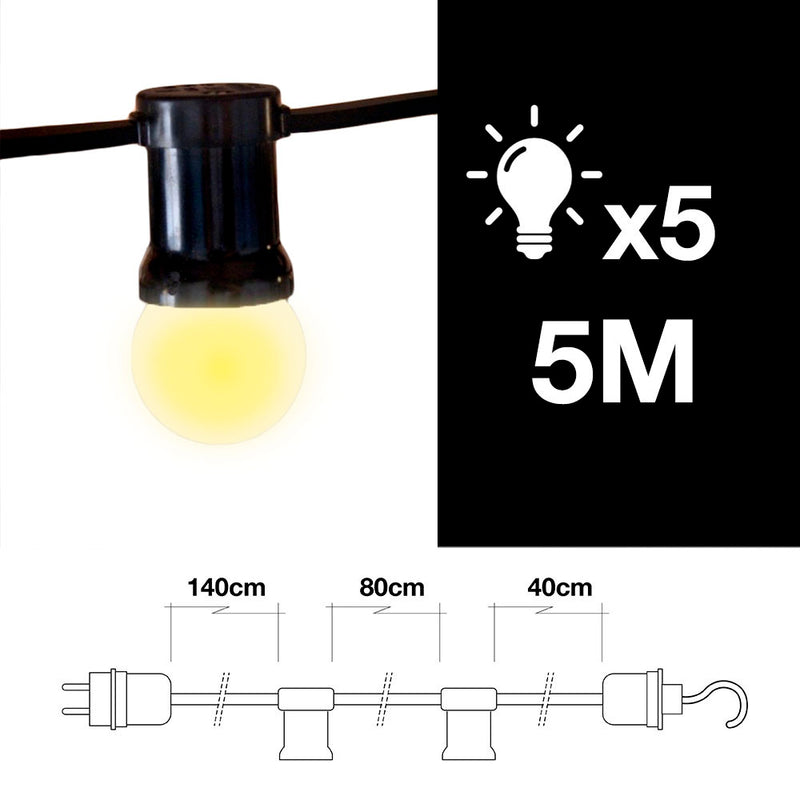 5M Outdoor Garland With 5 E27 Lamp Holders With End Hook IP44 Black Color