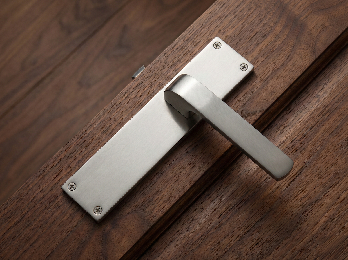 Manilla modelo '710' de zamak con placa rectangular acabado níquel satinado para puertas