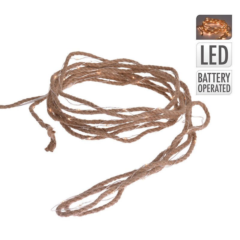 Fixed Battery Operated Garland 30 MicroLEDs Jute Rope Warm White Light 5.03M