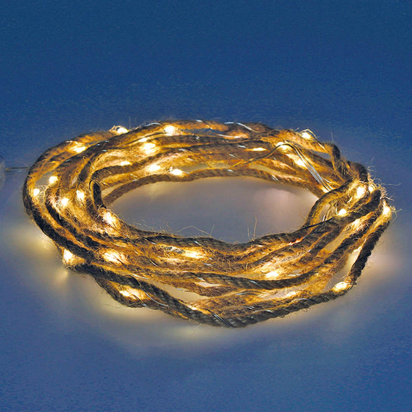 Fixed Battery Operated Garland 30 MicroLEDs Jute Rope Warm White Light 5.03M