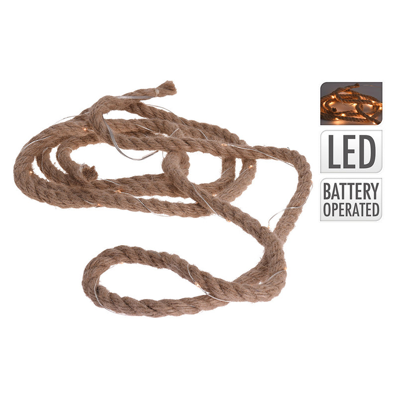 Fixed Battery Operated Garland 30 MicroLEDs Jute Rope Warm White Light 3.03M