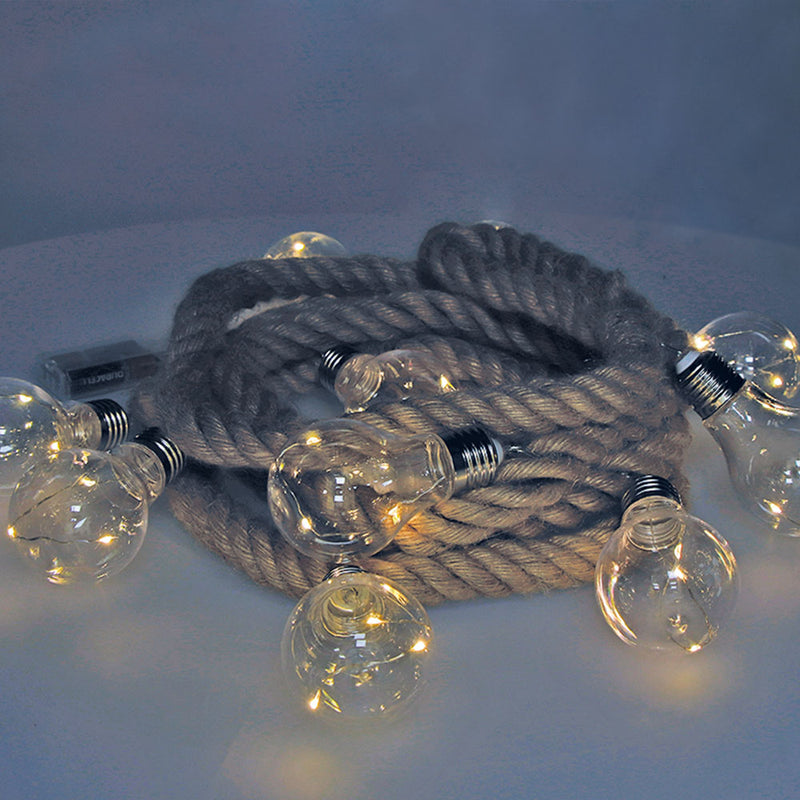 Fixed Battery Garland 10 Bulbs With 3 LEDs Each Bulb, Jute Rope Warm White Light 3.15M