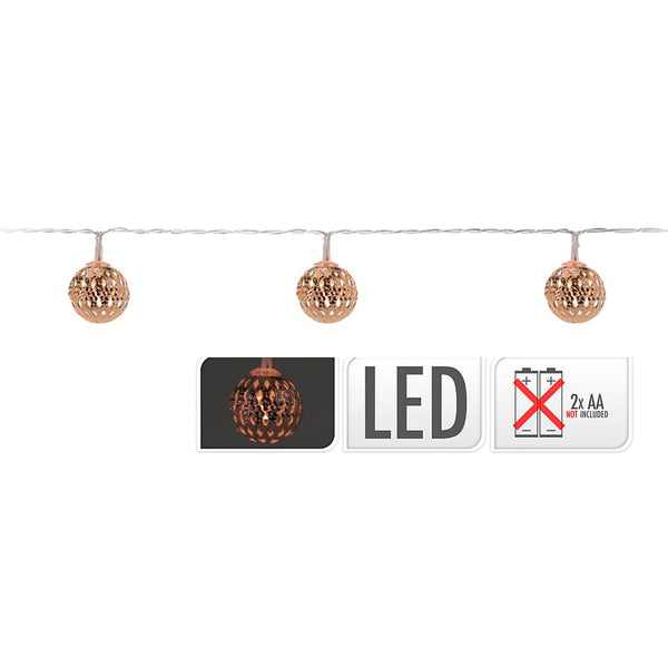 Fixed Battery Operated Garland 10 LEDs with Copper Colored Balls Warm White Light 1.3M