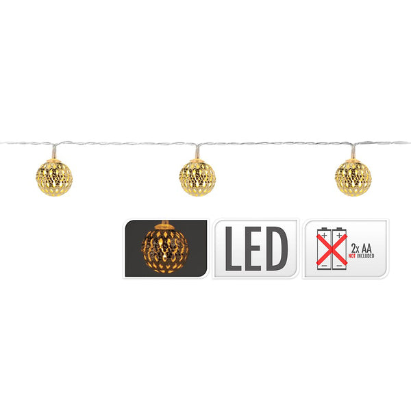 Fixed Battery Operated Garland 10 LEDs with Gold Color Balls Warm White Light 1.3M