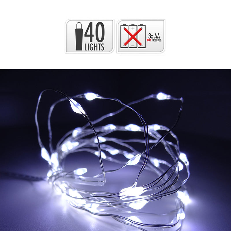 Fixed Battery Operated Garland 40 LEDs Silver Wire Cable Cold White Light 2.20M