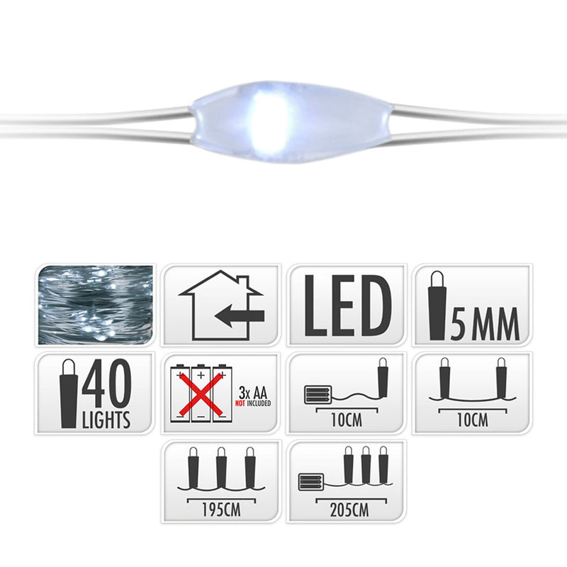 Fixed Battery Operated Garland 40 LEDs Silver Wire Cable Cold White Light 2.20M