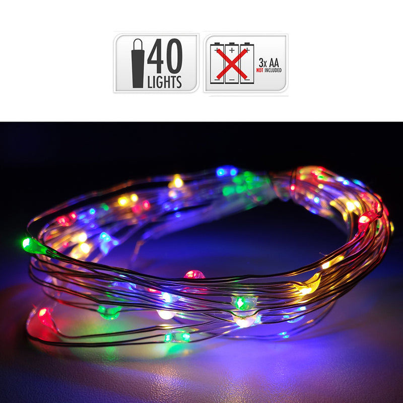 Fixed Battery Operated Garland 40 LEDs Silver Wire Cable Multicolor Light 2.20M